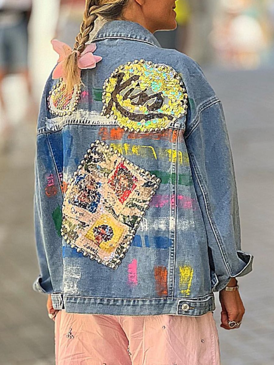 Sequin Embroidered Studded Denim Jacket - allsose
