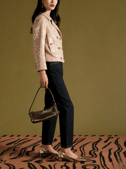 Sequin Moto Cropped Jacket - Champagne - allsose