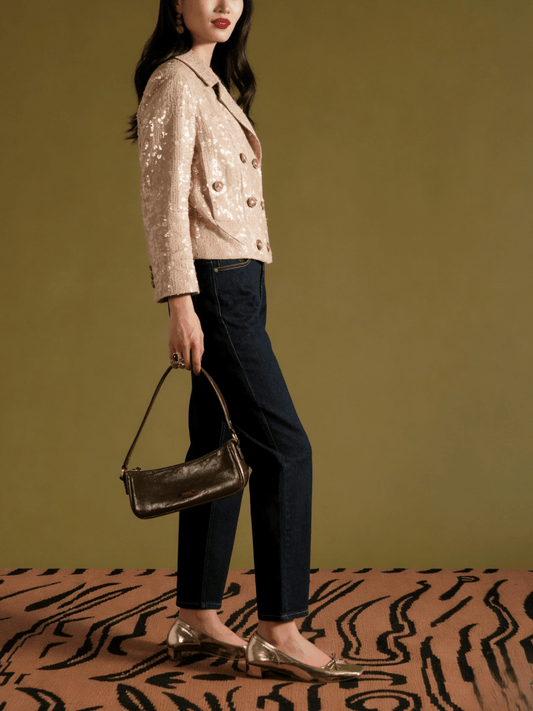 Sequin Moto Cropped Jacket - Champagne - allsose