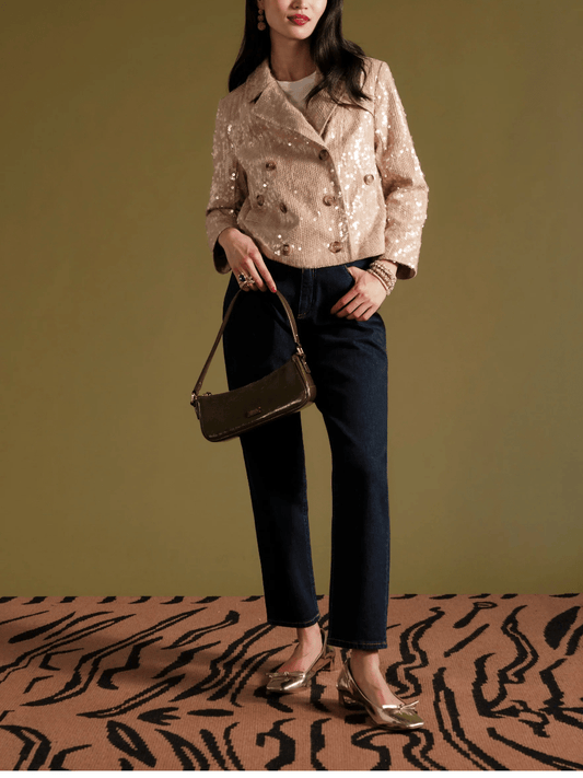 Sequin Moto Cropped Jacket - Champagne - allsose