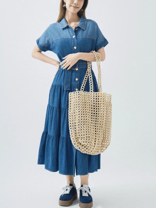 Short Sleeve Button - Front Denim Dress - allsose