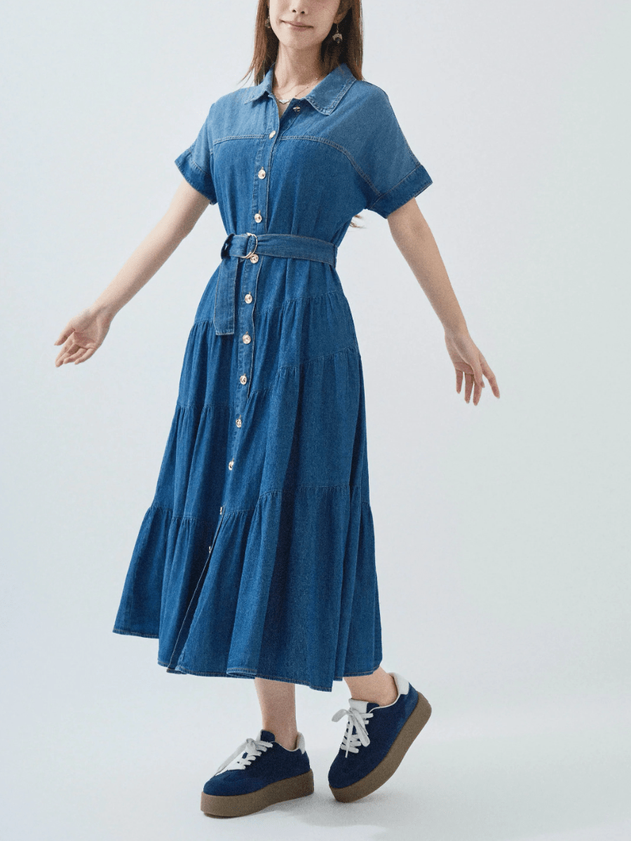 Short Sleeve Button - Front Denim Dress - allsose