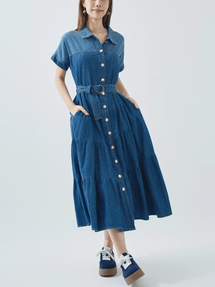 Short Sleeve Button - Front Denim Dress - allsose