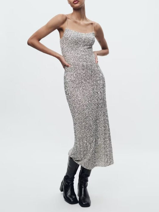 Silver Sequin Slim Dress - allsose