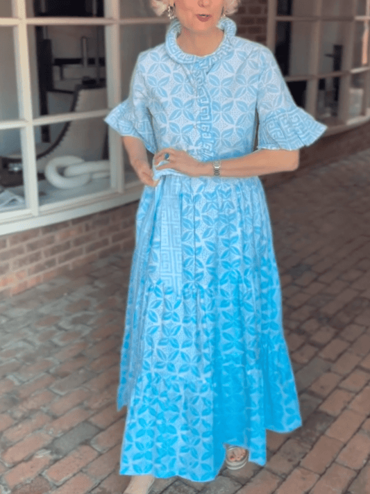 Sky Blue Greek Key & Floral Print Tiered Maxi Dress - allsose