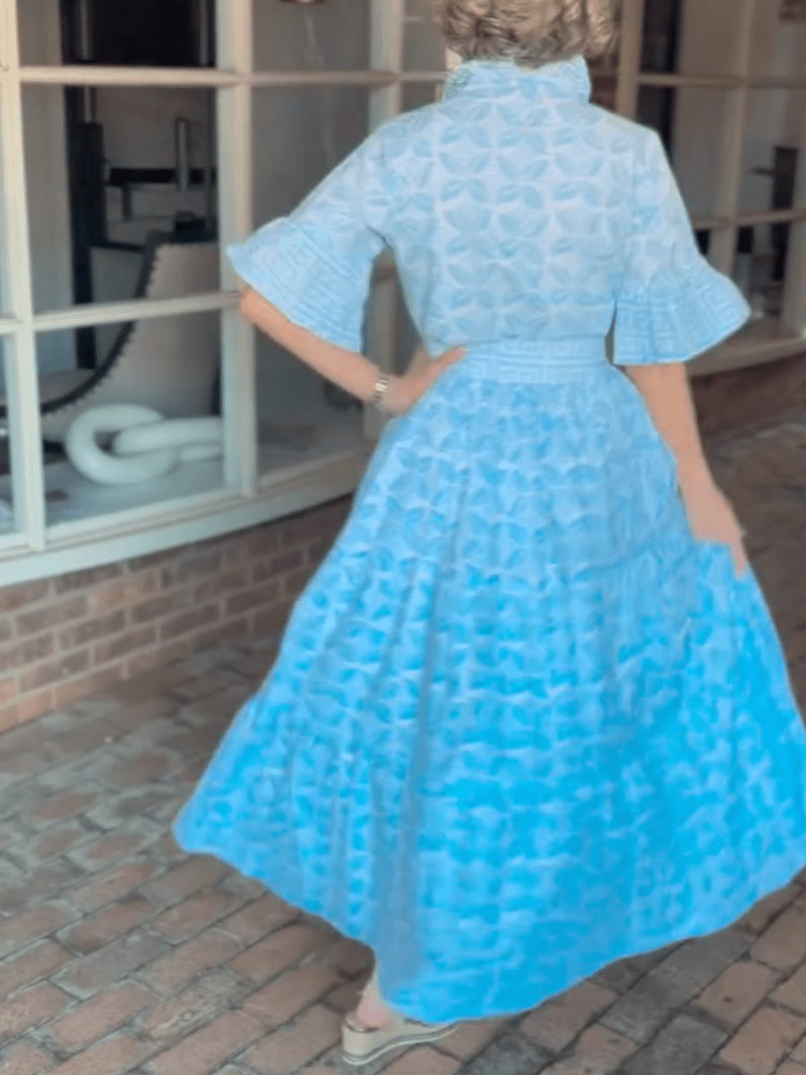 Sky Blue Greek Key & Floral Print Tiered Maxi Dress - allsose
