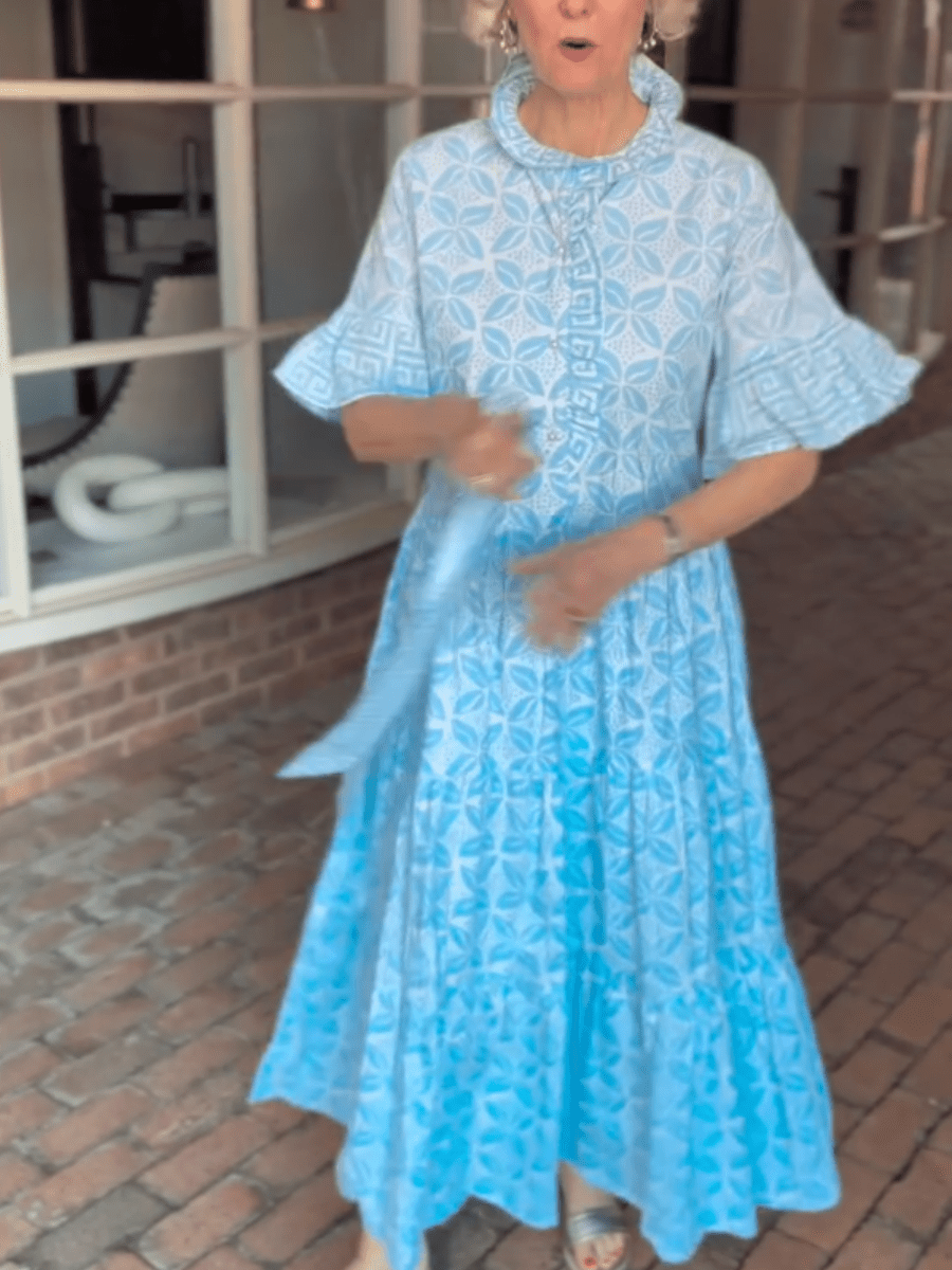 Sky Blue Greek Key & Floral Print Tiered Maxi Dress - allsose