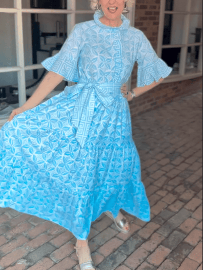 Sky Blue Greek Key & Floral Print Tiered Maxi Dress - allsose