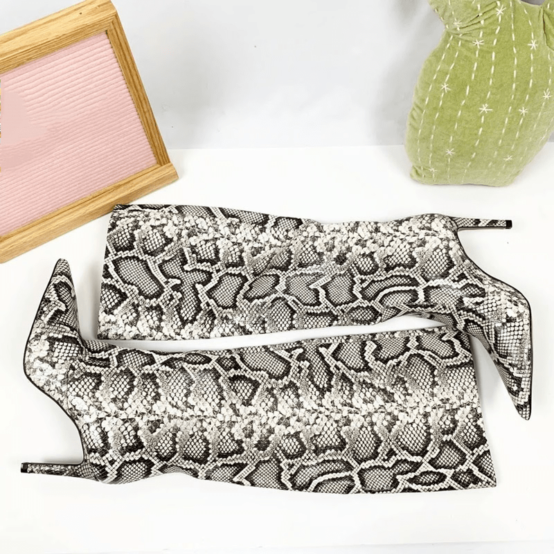 Snake Print Leather Boots - allsose