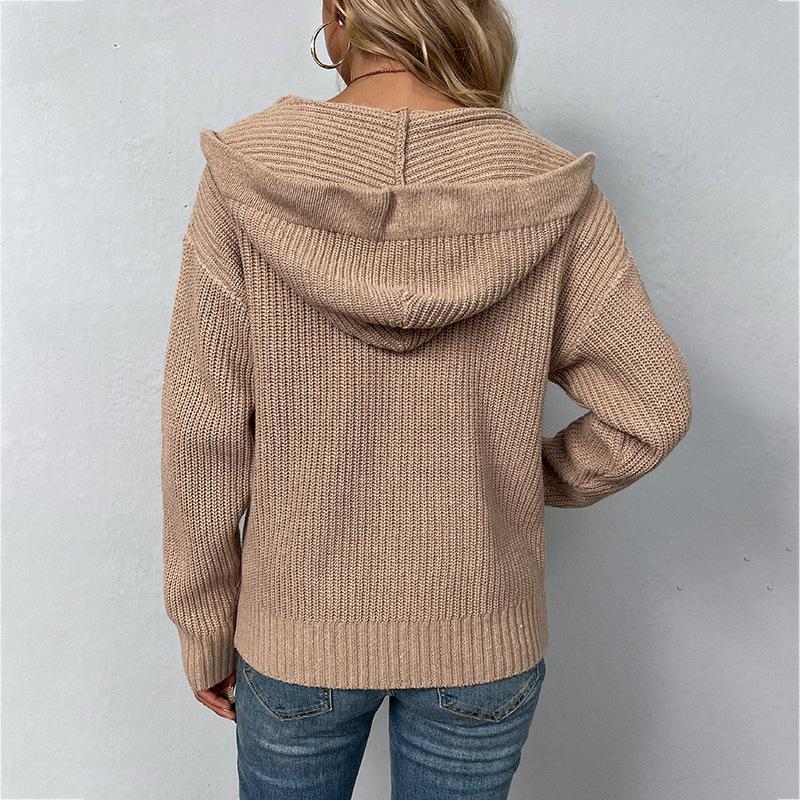 Solid Color Hooded Knit Cardigan - allsose