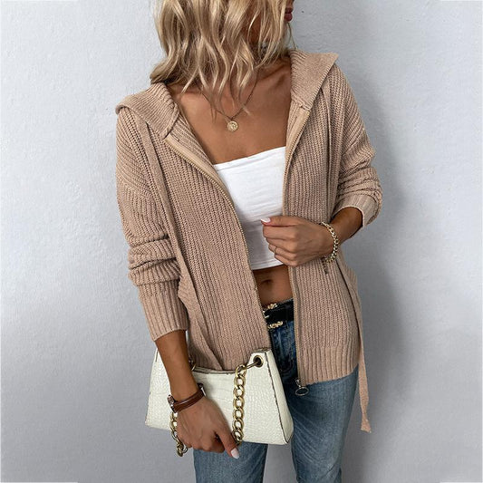 Solid Color Hooded Knit Cardigan - allsose