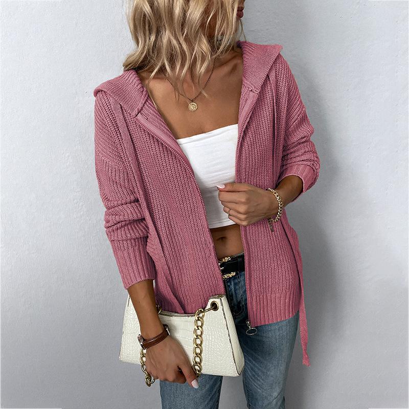 Solid Color Hooded Knit Cardigan - allsose
