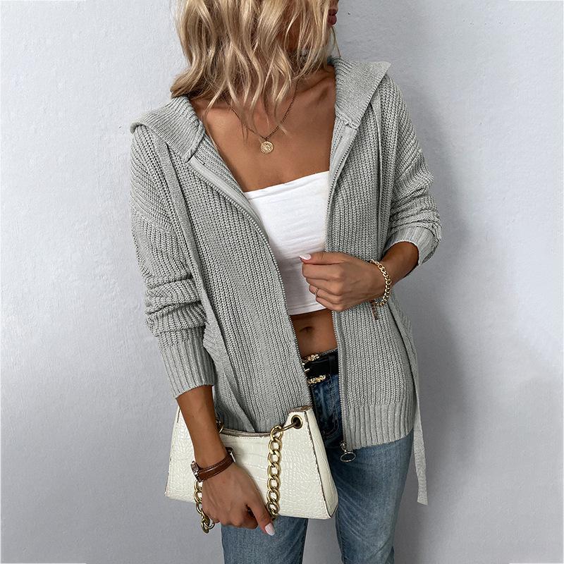 Solid Color Hooded Knit Cardigan - allsose