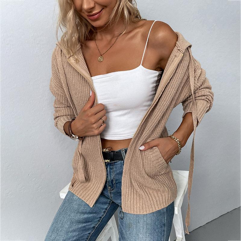 Solid Color Hooded Knit Cardigan - allsose