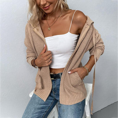 Solid Color Hooded Knit Cardigan - allsose