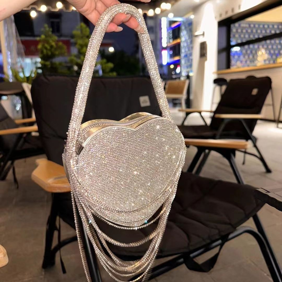 Sparkly Rhinestone Heart Fringe Bag - allsose