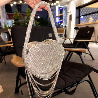 Sparkly Rhinestone Heart Fringe Bag - allsose