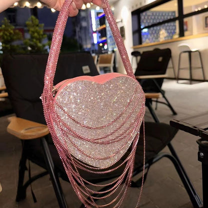 Sparkly Rhinestone Heart Fringe Bag - allsose