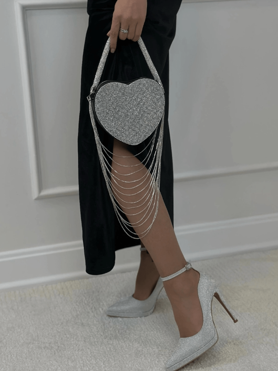 Sparkly Rhinestone Heart Fringe Bag - allsose
