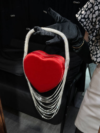 Sparkly Rhinestone Heart Fringe Bag - allsose