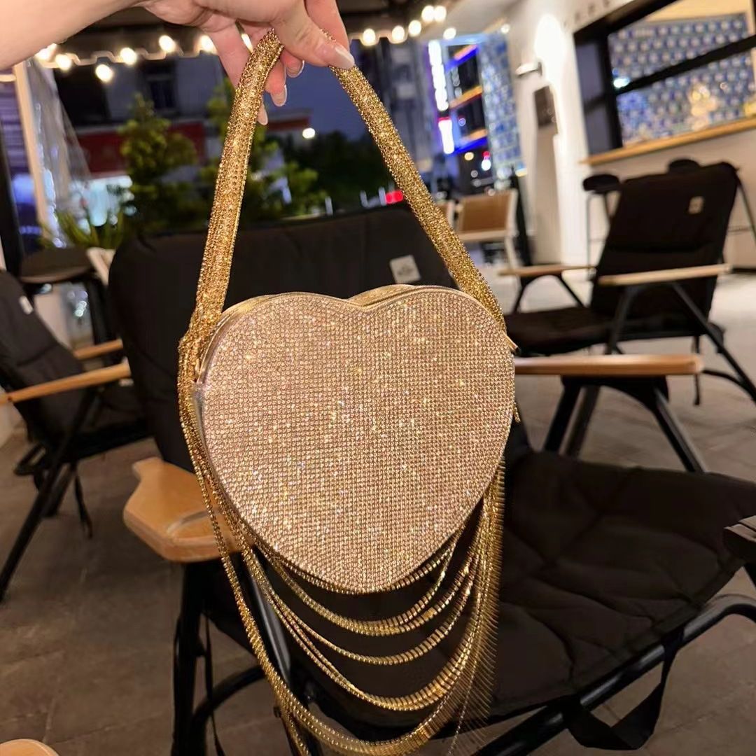 Sparkly Rhinestone Heart Fringe Bag - allsose