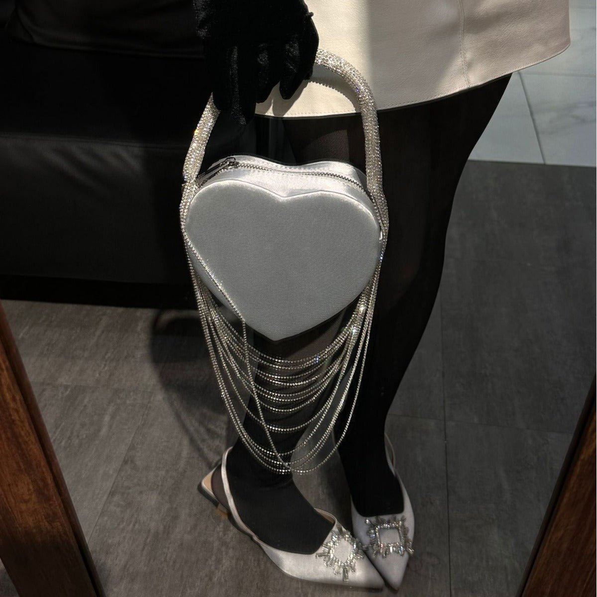 Sparkly Rhinestone Heart Fringe Bag - allsose