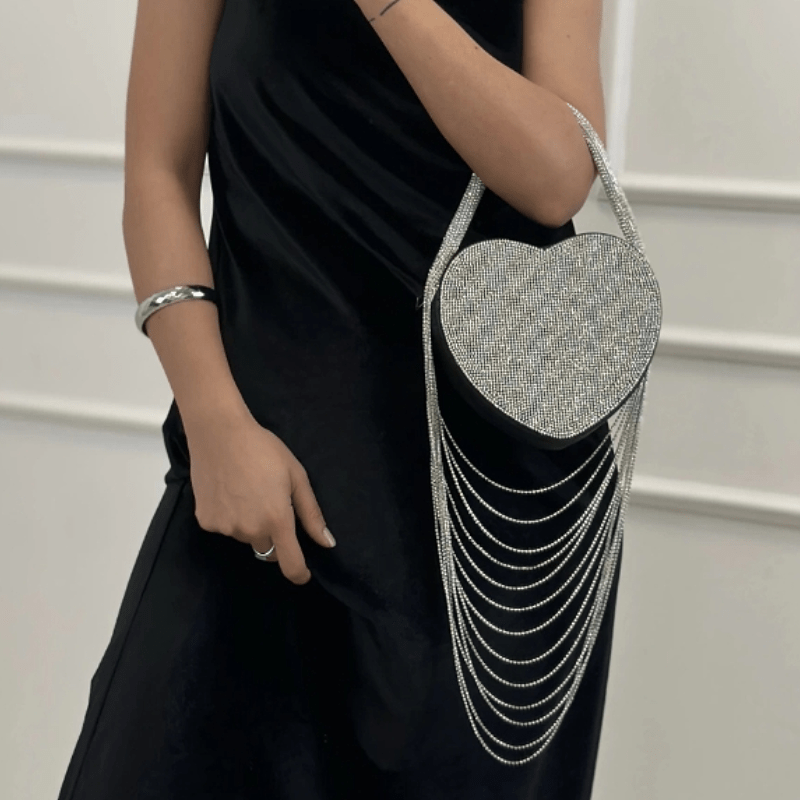 Sparkly Rhinestone Heart Fringe Bag - allsose
