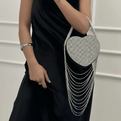 Sparkly Rhinestone Heart Fringe Bag - allsose