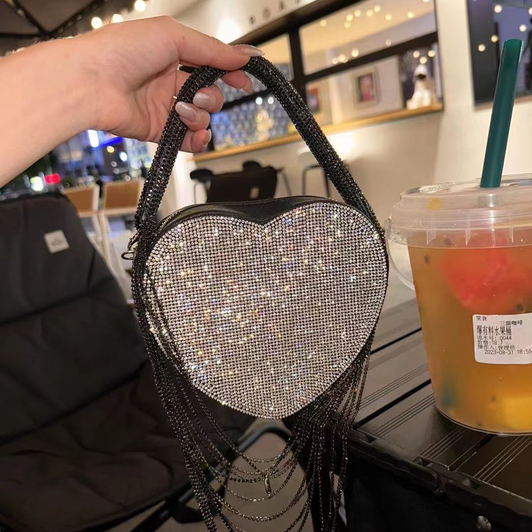 Sparkly Rhinestone Heart Fringe Bag - allsose