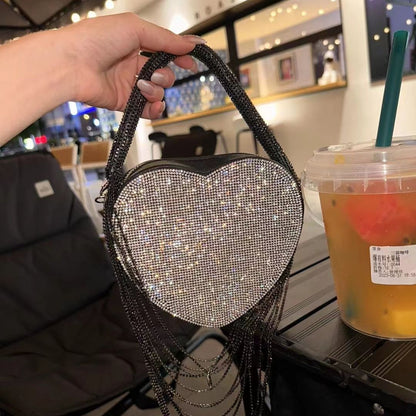 Sparkly Rhinestone Heart Fringe Bag - allsose
