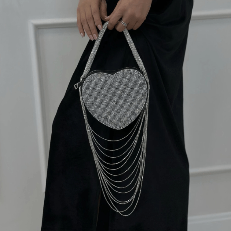Sparkly Rhinestone Heart Fringe Bag - allsose