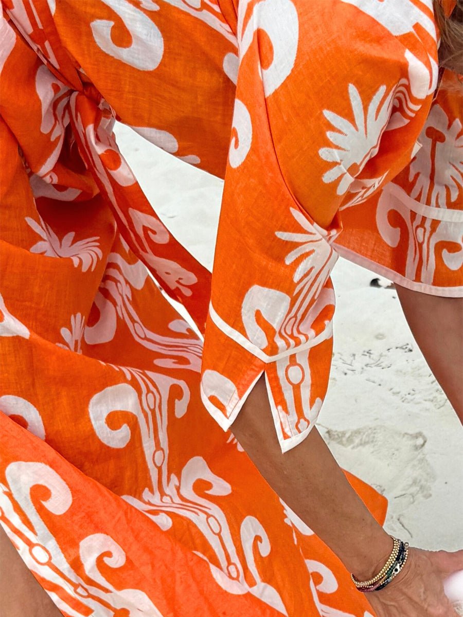 Split Neck Printed Belted Maxi Dress - allsose