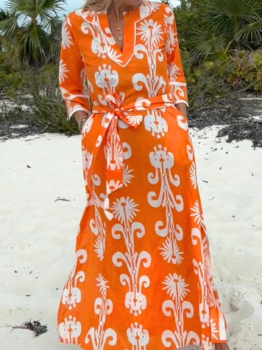 Split Neck Printed Belted Maxi Dress - allsose