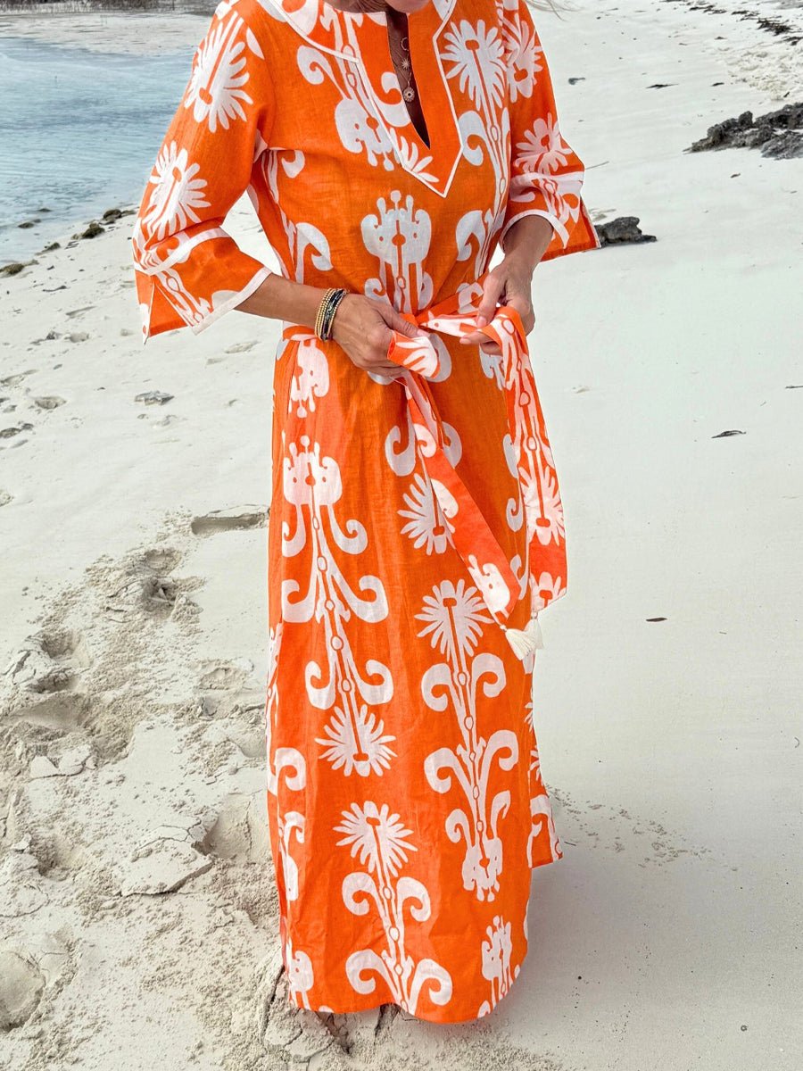 Split Neck Printed Belted Maxi Dress - allsose