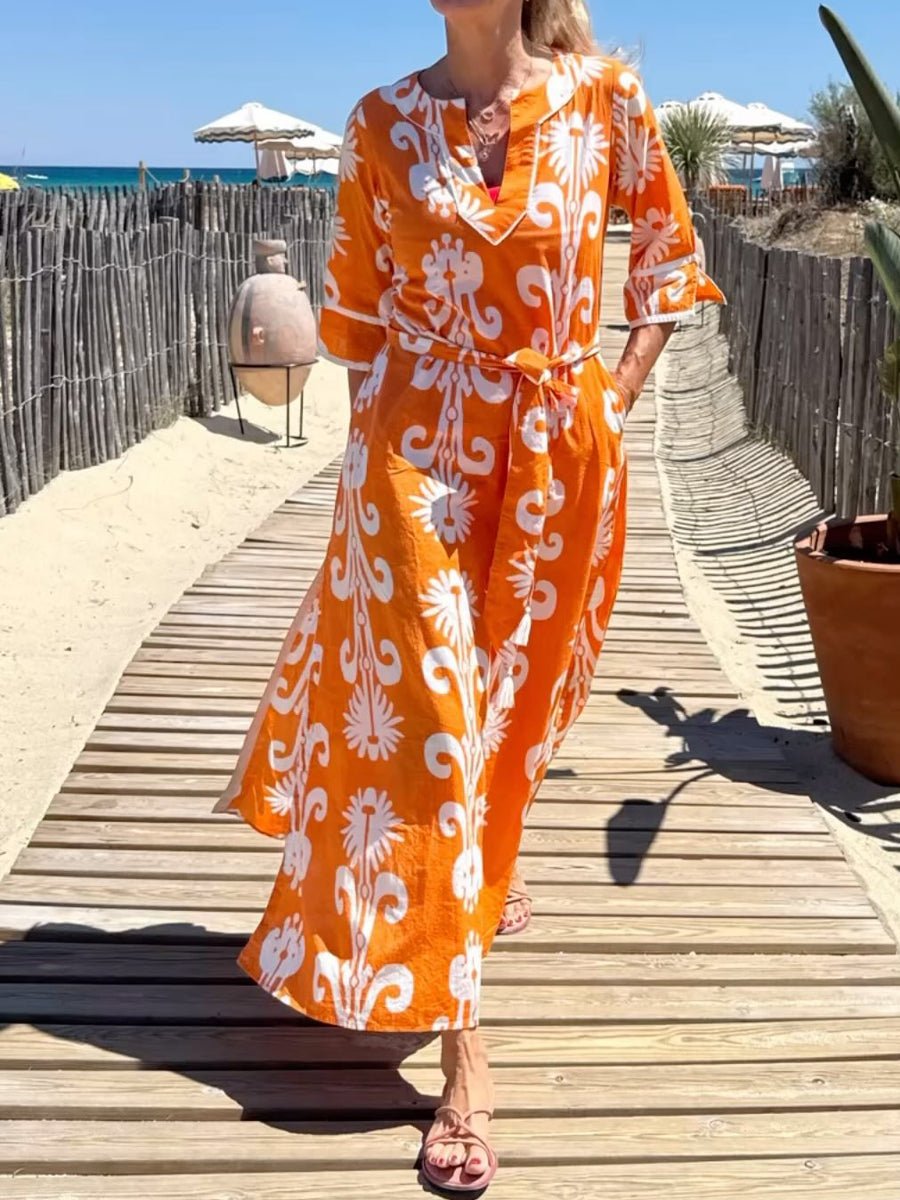 Split Neck Printed Belted Maxi Dress - allsose