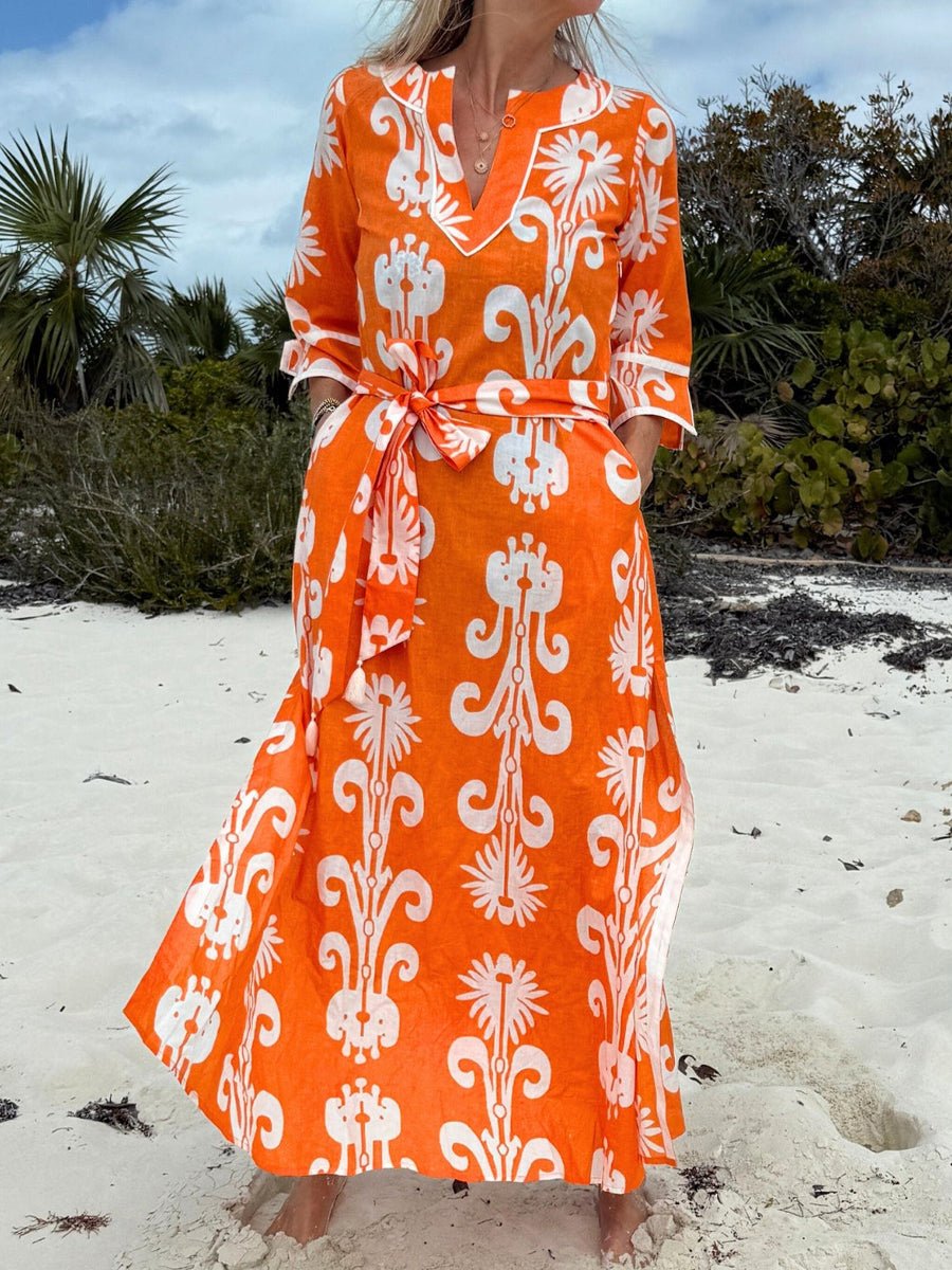 Split Neck Printed Belted Maxi Dress - allsose