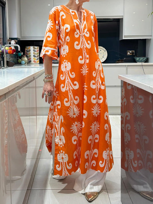 Split Neck Printed Belted Maxi Dress - allsose
