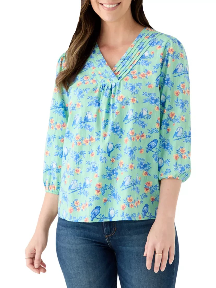 Spring Bird Floral Print Pleated V - Neck Puff Sleeve Top - allsose