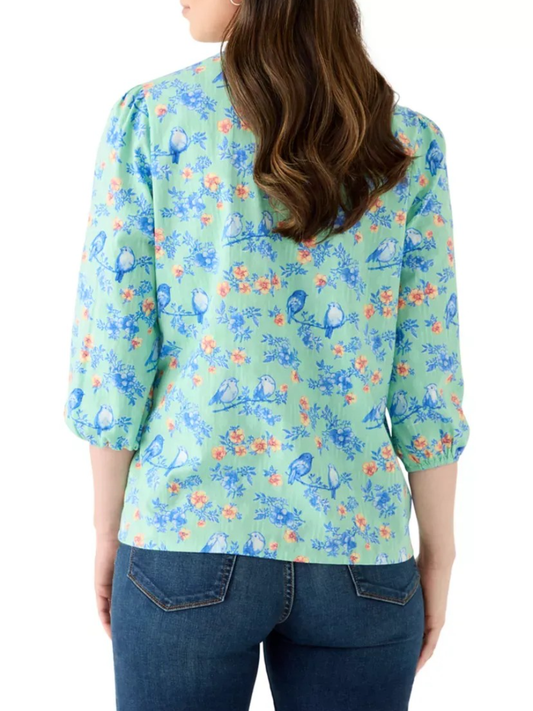 Spring Bird Floral Print Pleated V - Neck Puff Sleeve Top - allsose