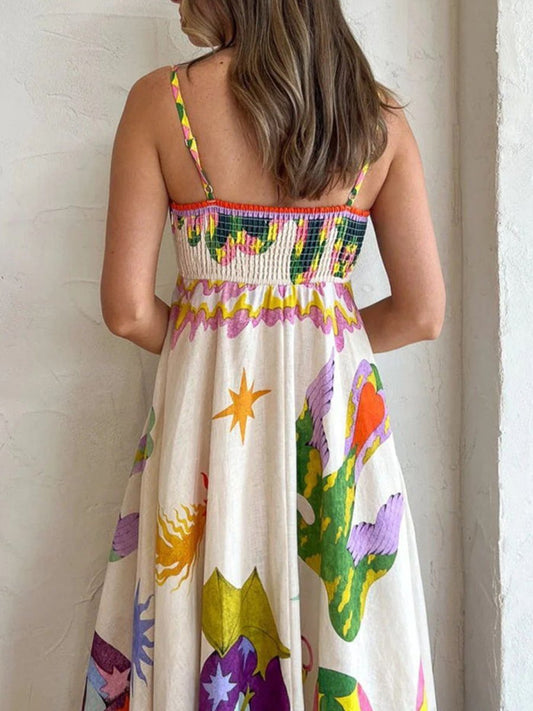 Strap Printing Large Swing Midi Dress - allsose