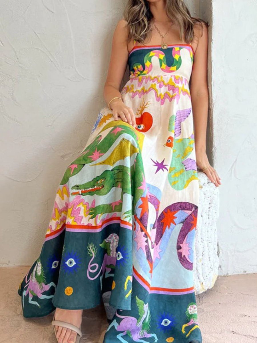 Strap Printing Large Swing Midi Dress - allsose