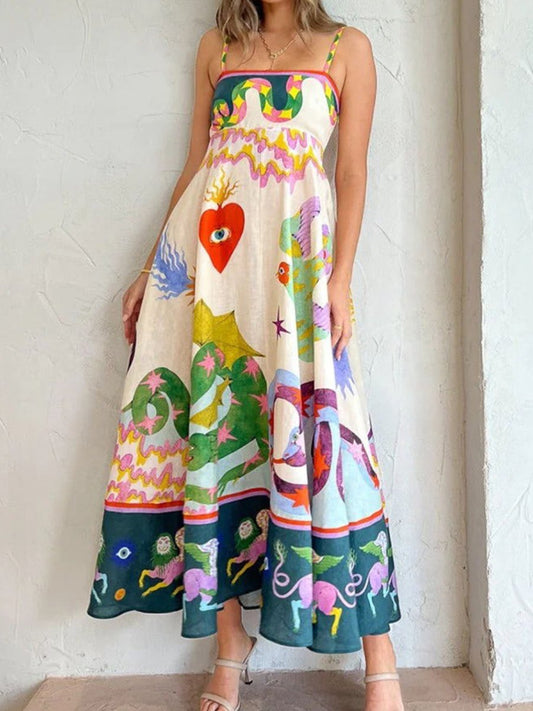 Strap Printing Large Swing Midi Dress - allsose