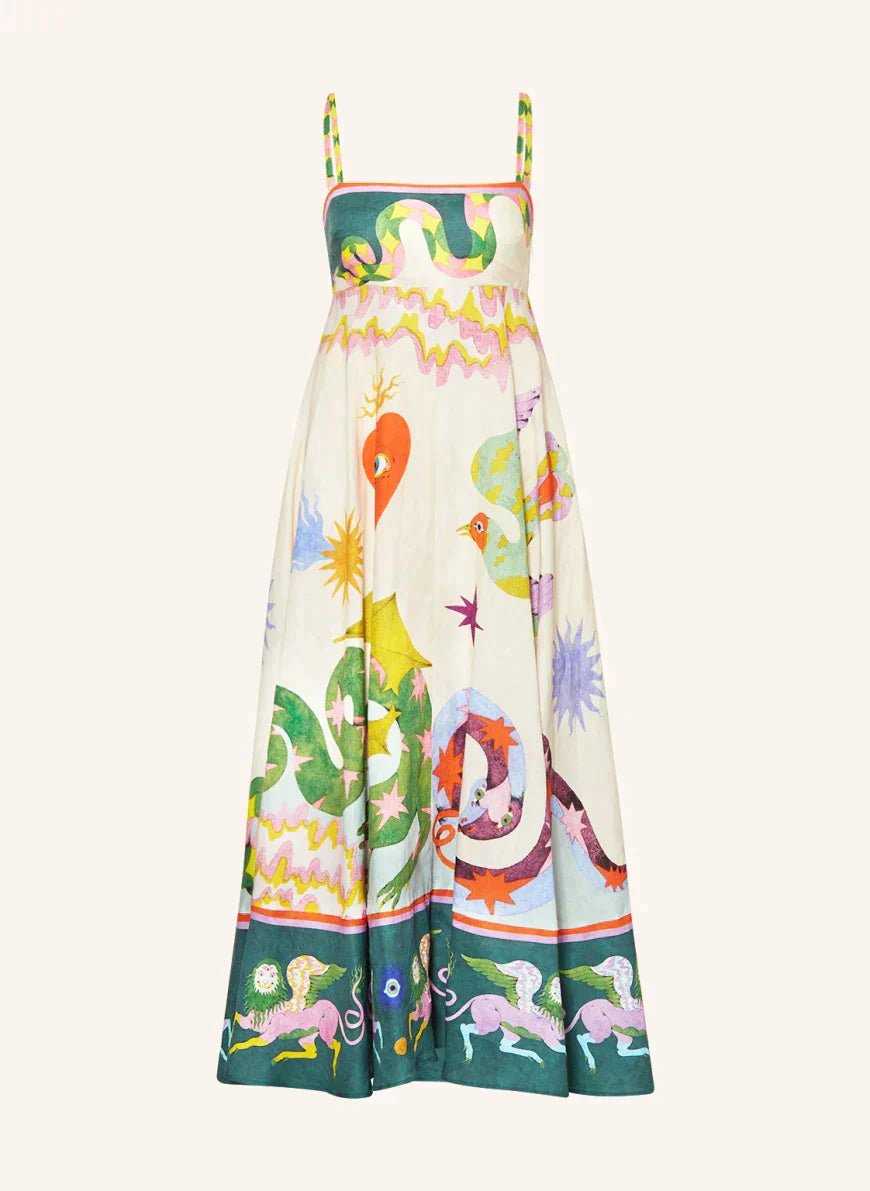 Strap Printing Large Swing Midi Dress - allsose