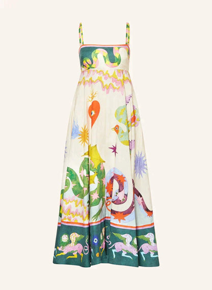 Strap Printing Large Swing Midi Dress - allsose