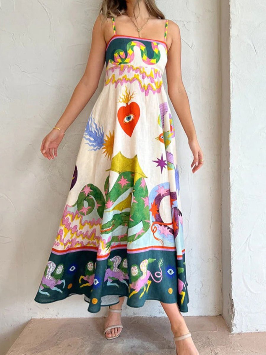 Strap Printing Large Swing Midi Dress - allsose