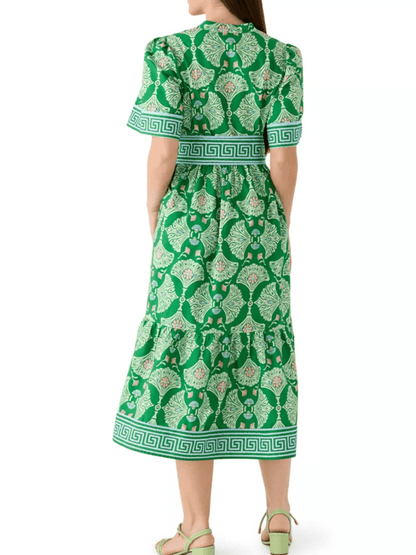 Summer Green Block Print Belted Tiered Midi Dress With Pockets - allsose