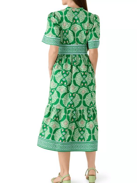 Summer Green Block Print Belted Tiered Midi Dress With Pockets - allsose