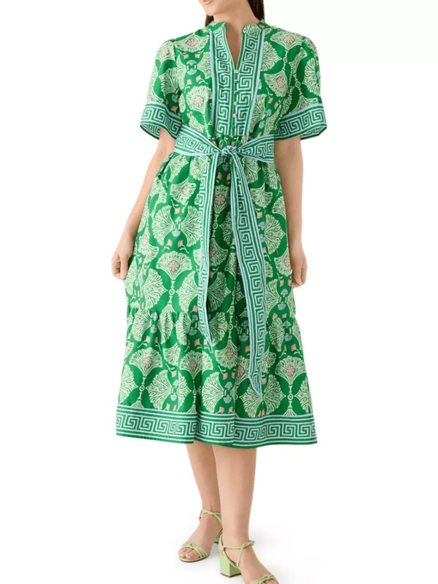 Summer Green Block Print Belted Tiered Midi Dress With Pockets - allsose