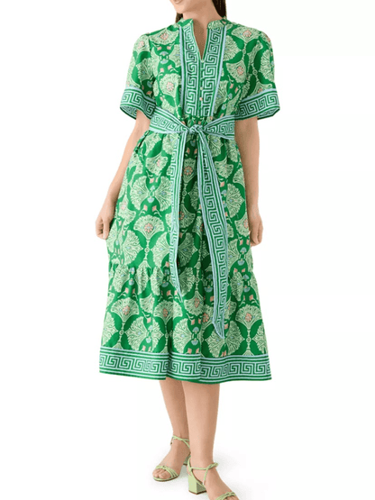 Summer Green Block Print Belted Tiered Midi Dress With Pockets - allsose