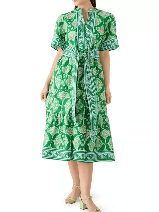 Summer Green Block Print Belted Tiered Midi Dress With Pockets - allsose